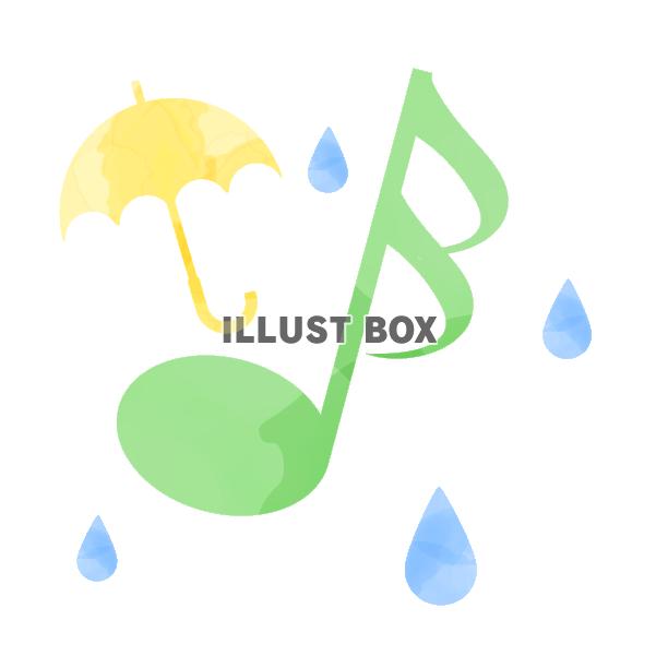水彩風の音符と傘と雨　緑