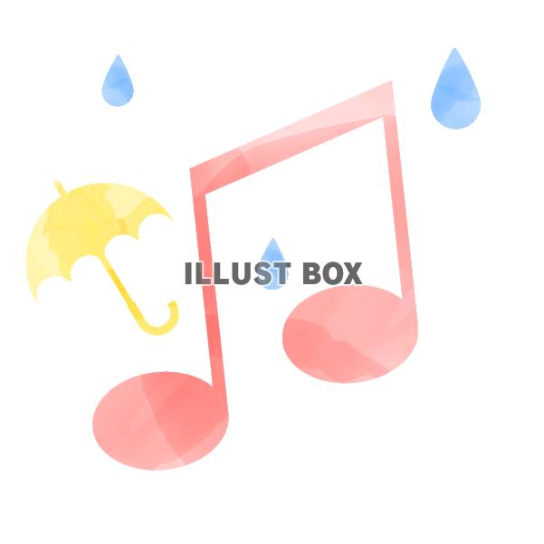 水彩風の音符と傘と雨　ピンク