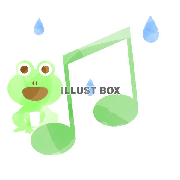 水彩風の音符と蛙と雨　緑