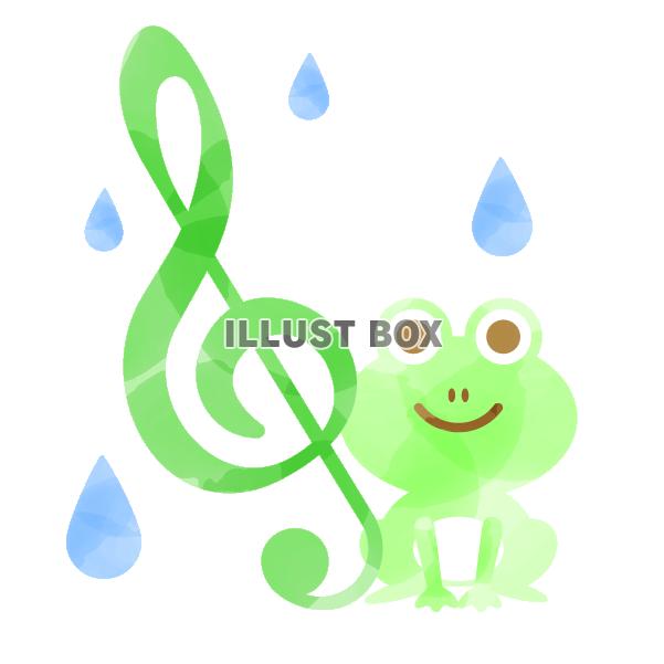 水彩風のト音記号と蛙と雨　緑
