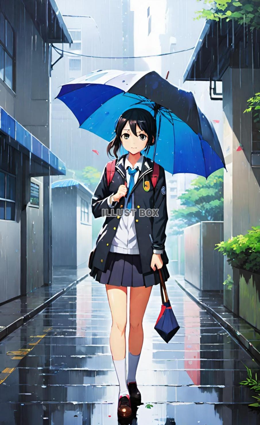梅雨　雨の日に傘をさして登下校する女子高生