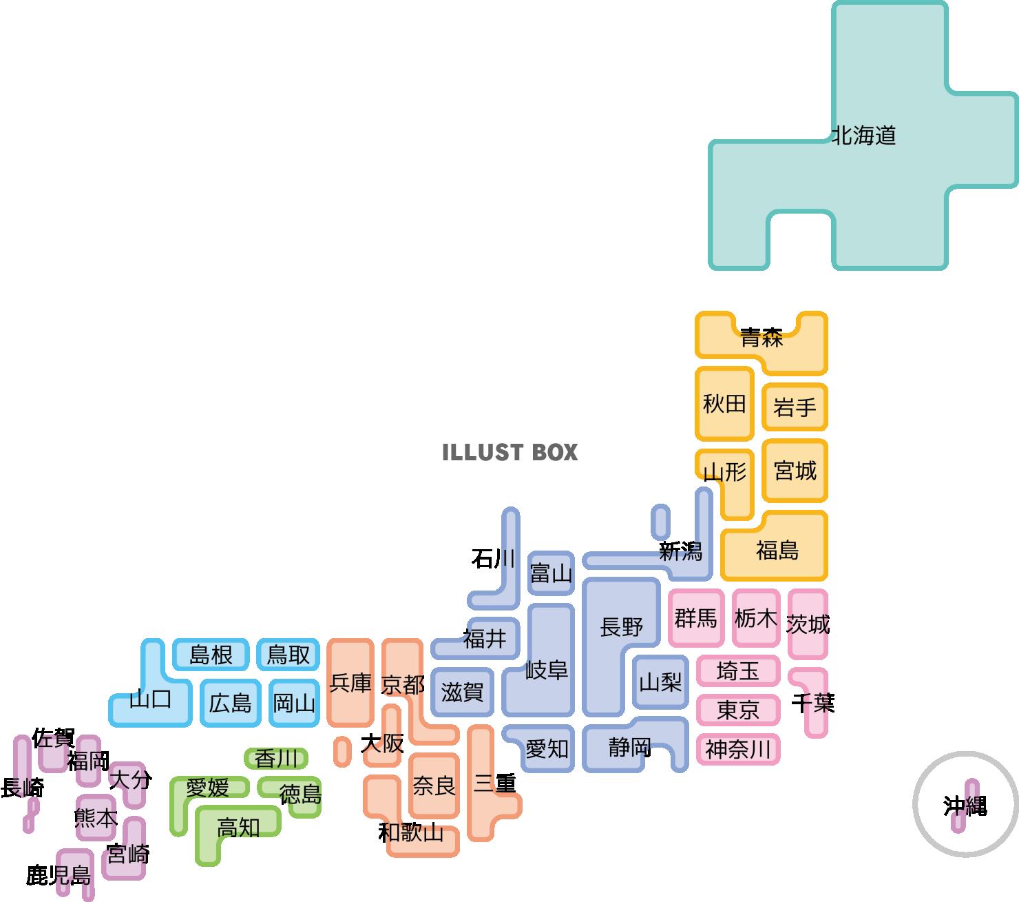 シンプルな日本地図　都道府県の名称入り