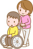 介護のイラスト、高齢者と車椅子を押す介護士