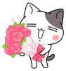 ピンクのバラの花束を持つにゃんこ＜ぶち猫　にゃんこ＞
