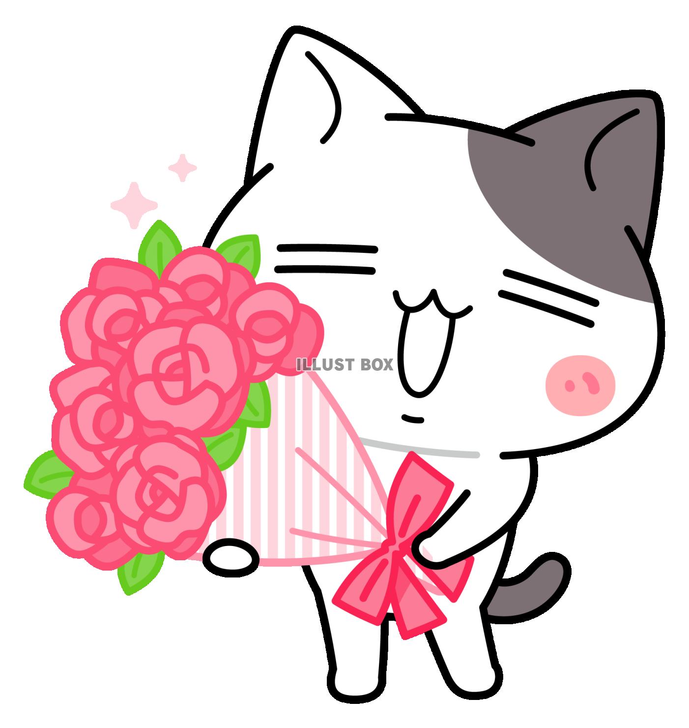 ピンクのバラの花束を持つにゃんこ＜ぶち猫　にゃんこ＞