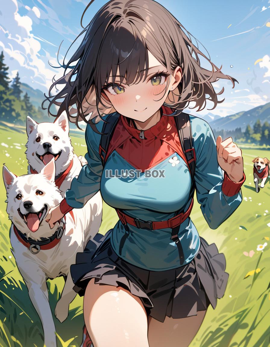 女子高生　イラスト　ペットの愛犬と草原を疾走