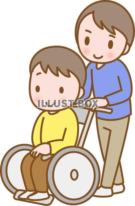 介護のイラスト、車いすを押す男性介護士