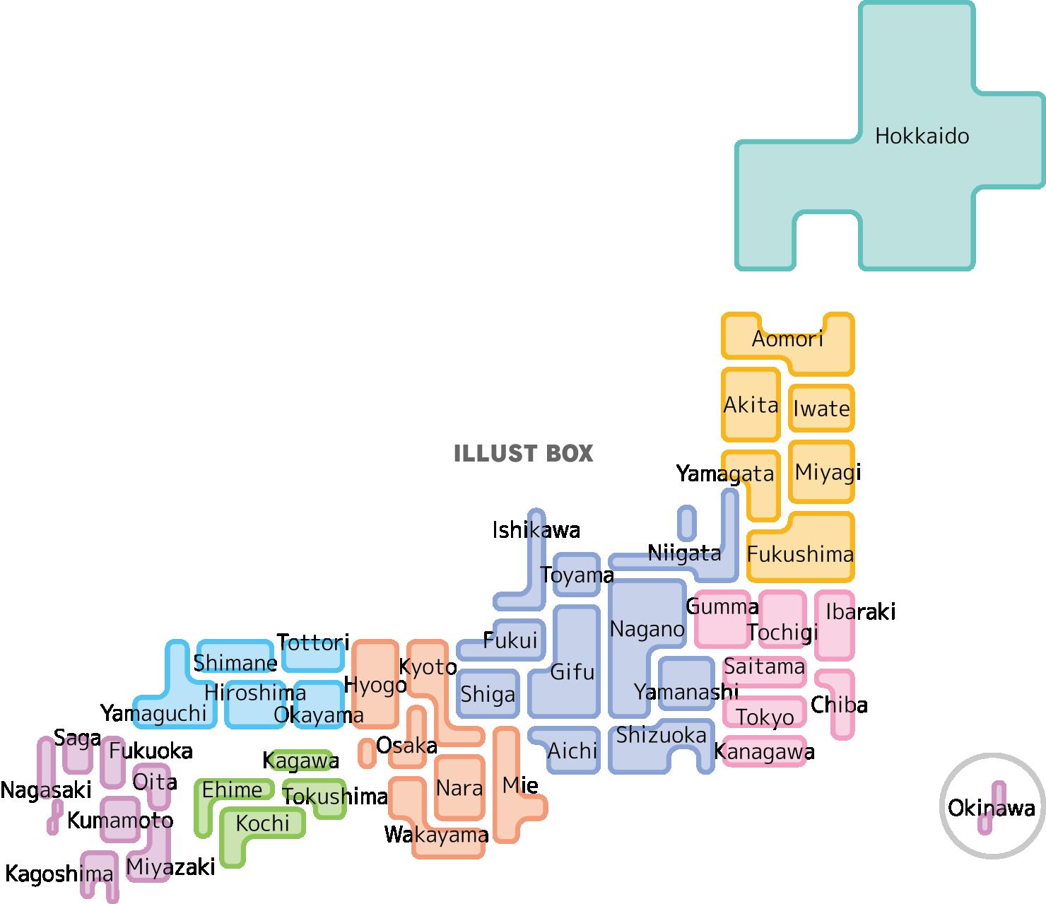 シンプルな日本地図　ローマ字の都道府県の名称入り　色分け
