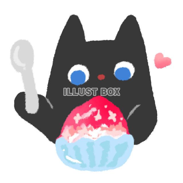 苺のカキ氷を食べる黒猫