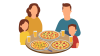 ピザを食べる家族の食卓
