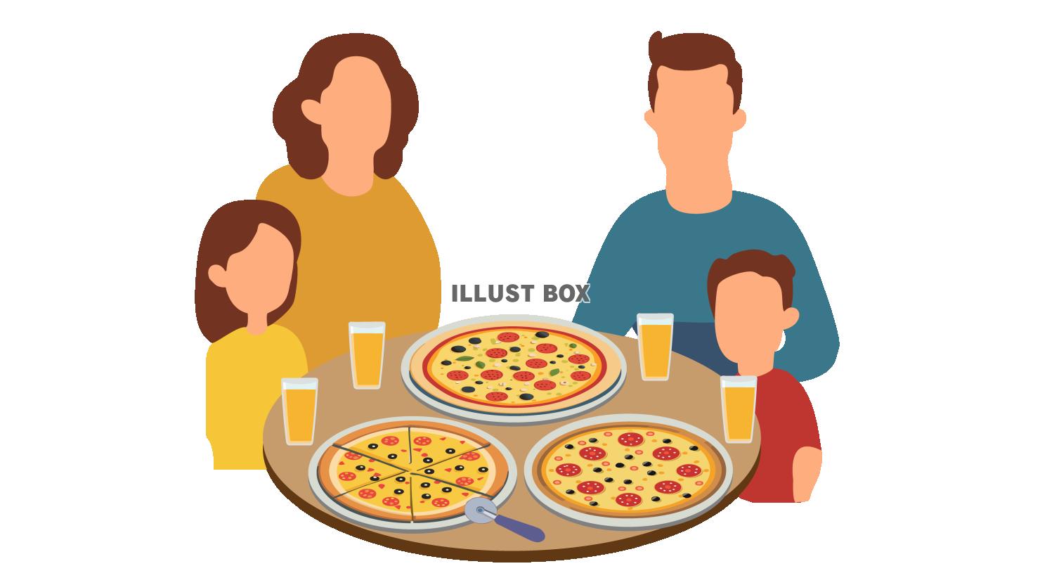 ピザを食べる家族の食卓