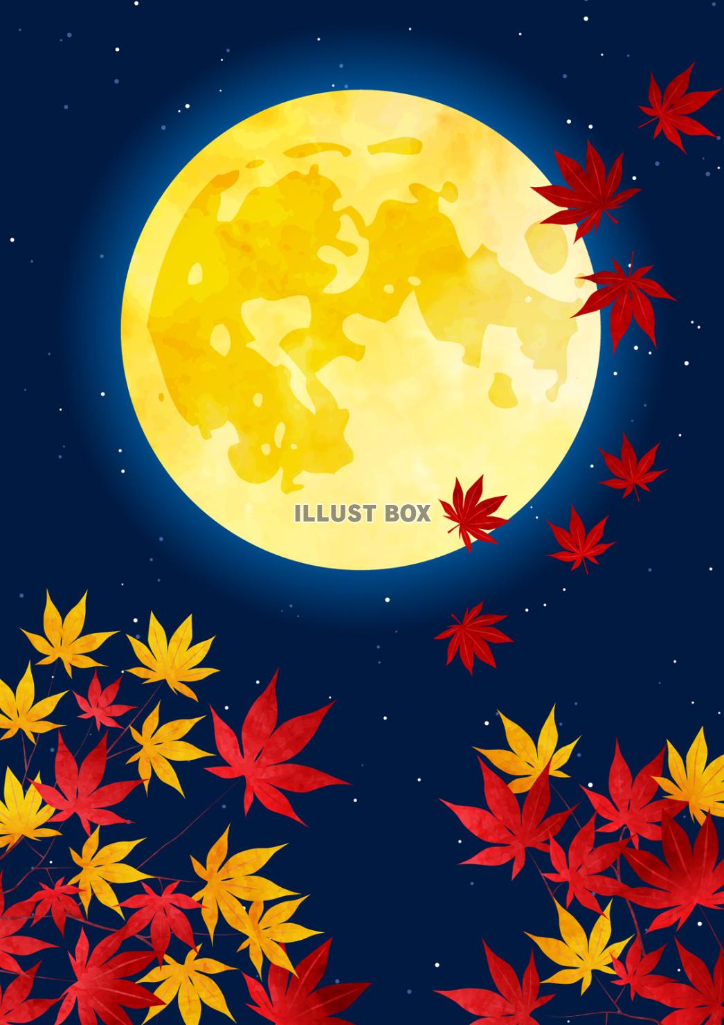 紅葉と満月のお月見背景タテ