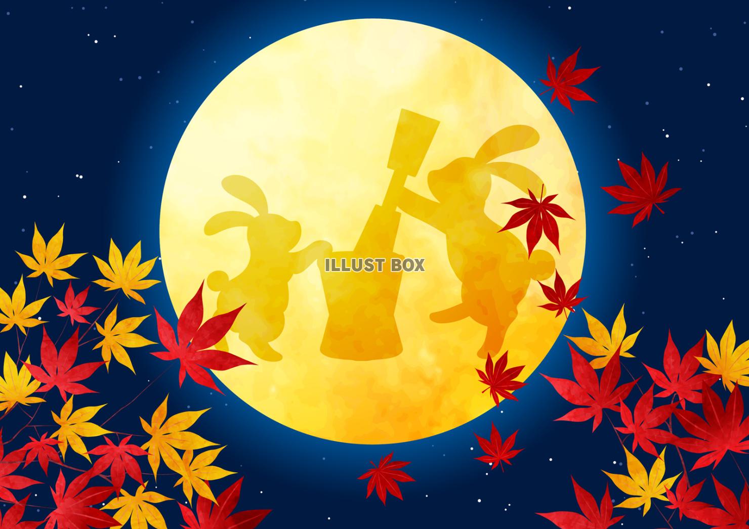 紅葉と玉兎満月のお月見背景ヨコ