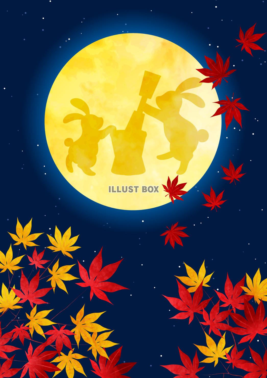 紅葉と玉兎満月のお月見背景タテ