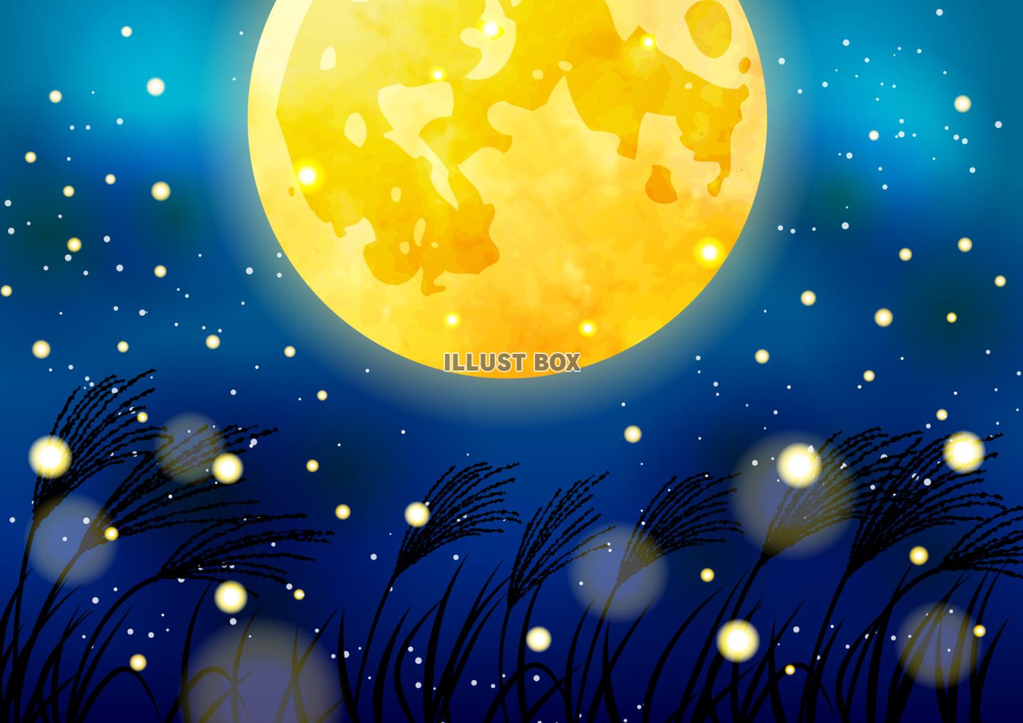月影ススキと満月のお月見背景ヨコ