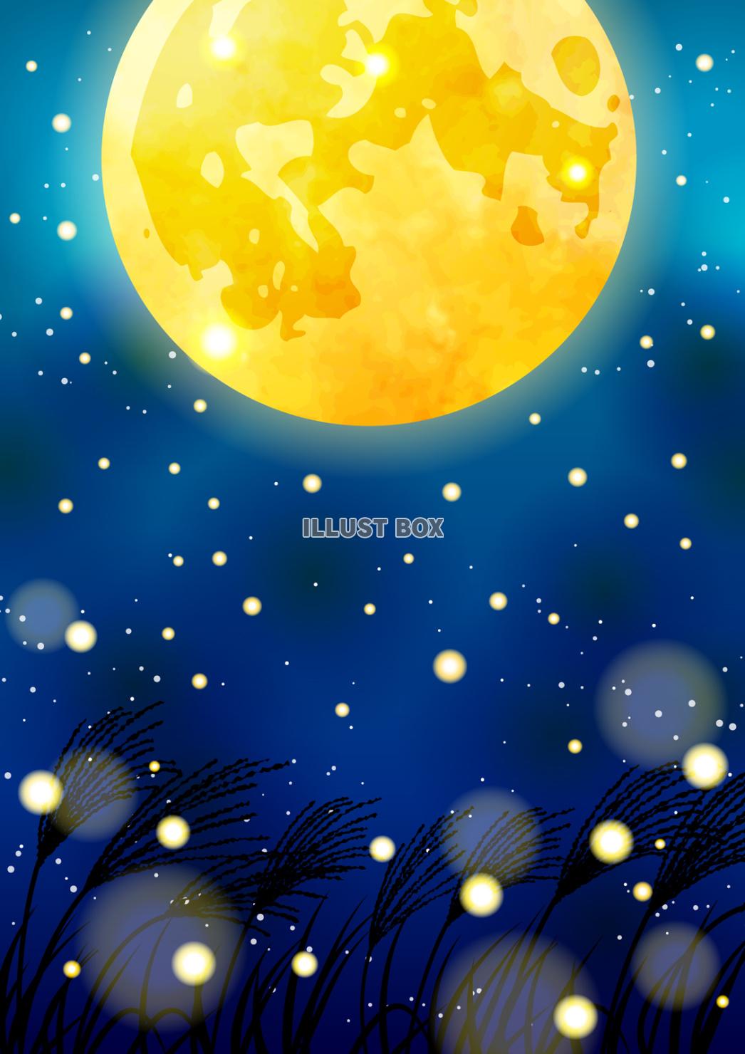 月影ススキと満月のお月見背景タテ
