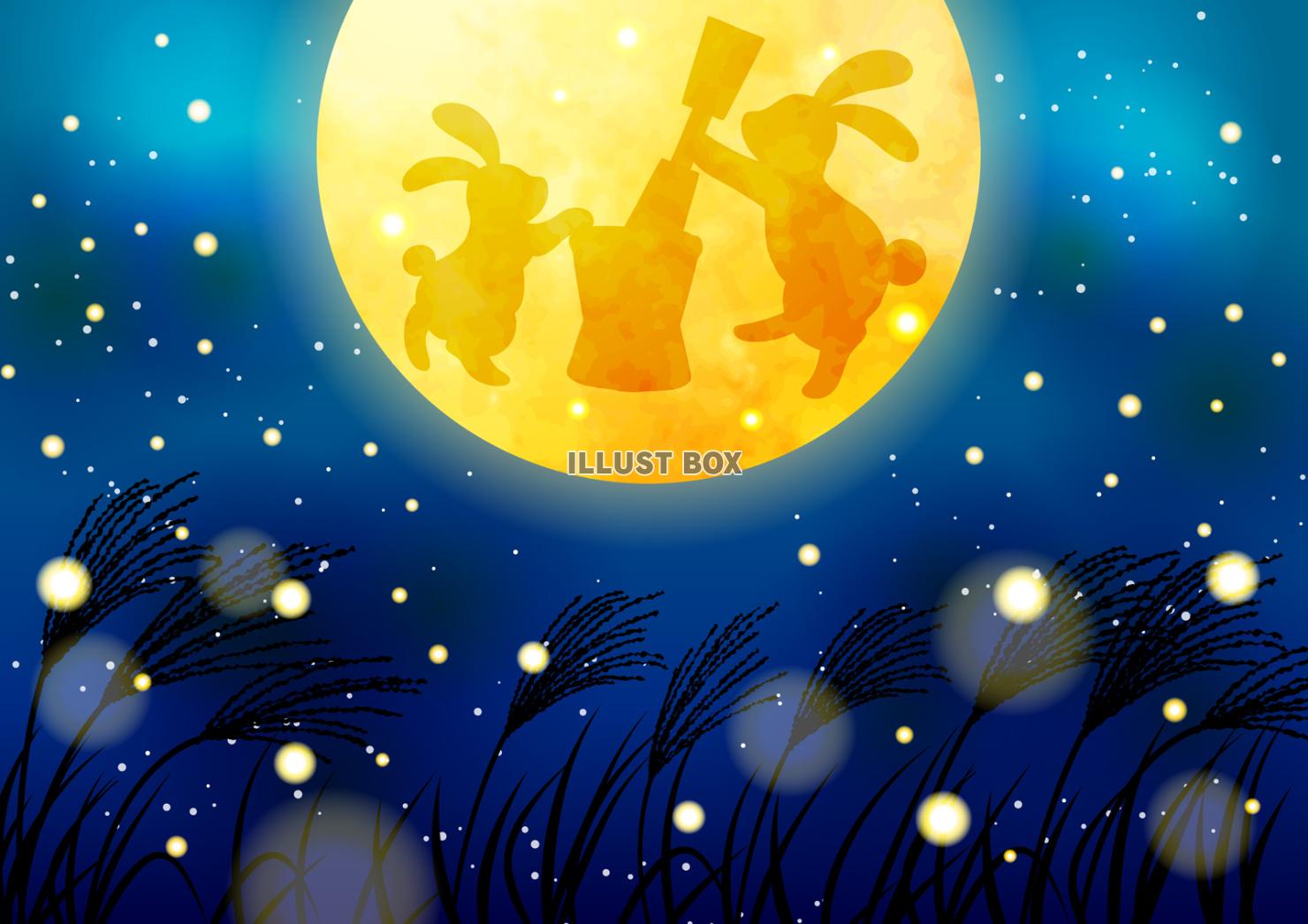 月影ススキと玉兎満月のお月見背景ヨコ