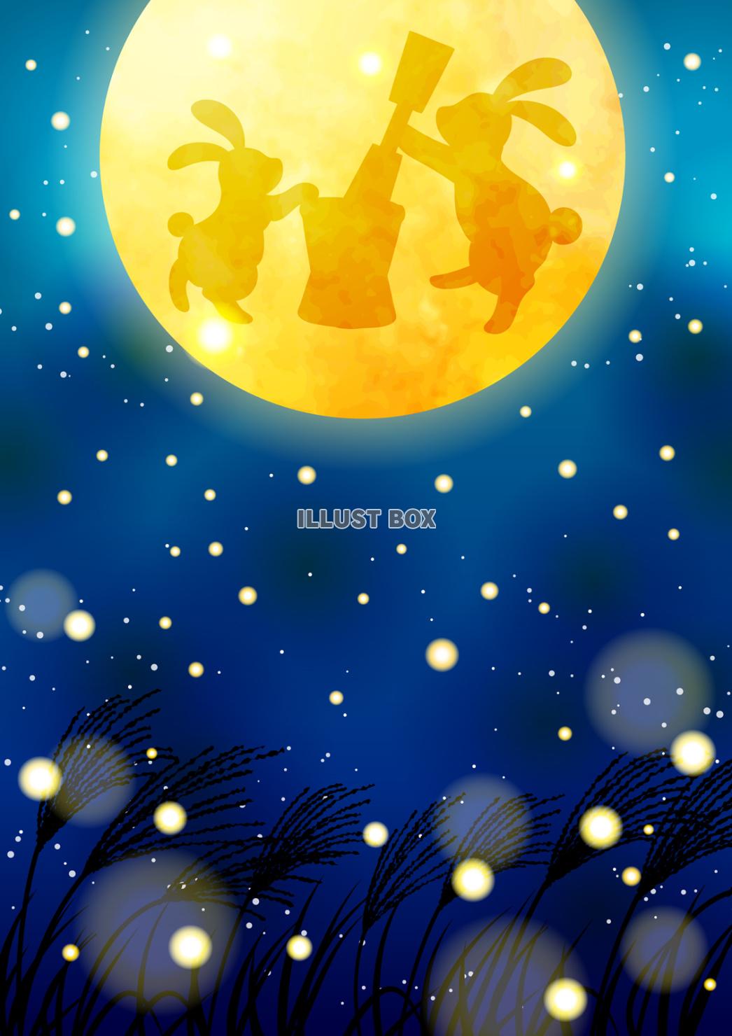 月影ススキと玉兎満月のお月見背景タテ