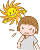 熱中症イラスト、太陽がギラギラ照り付け、気温が高くて汗をかいた子ども