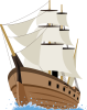 航海中の昔の西洋の木造の帆船