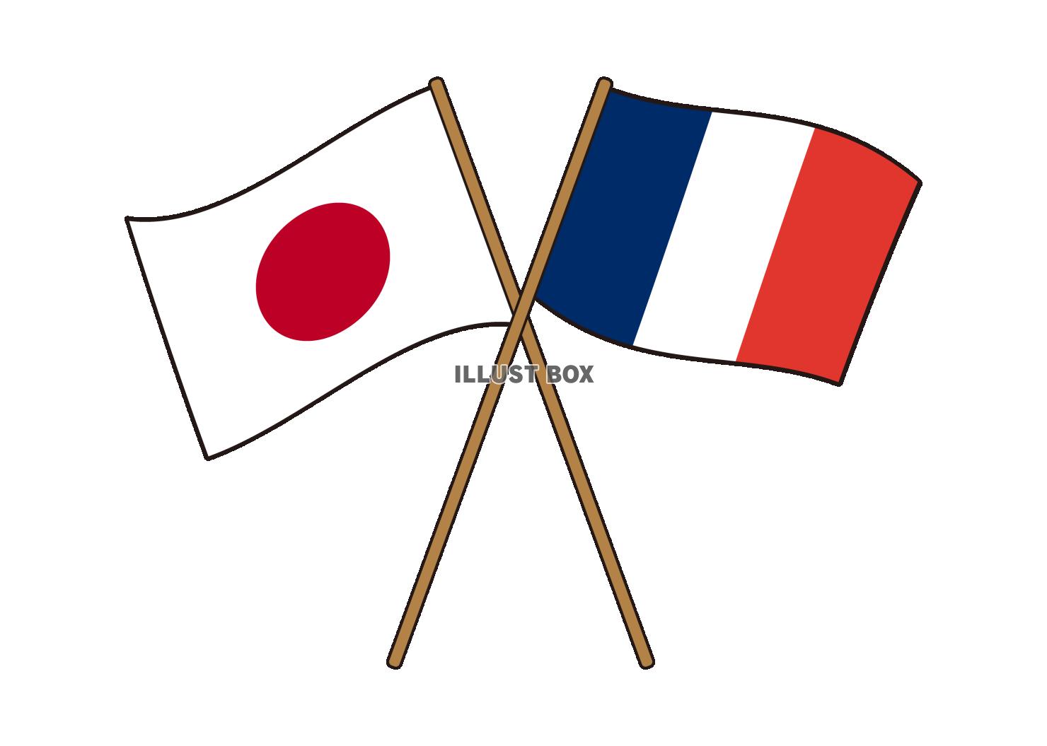 4_国旗_日本フランス・棒・交差・はためく・ふち有り