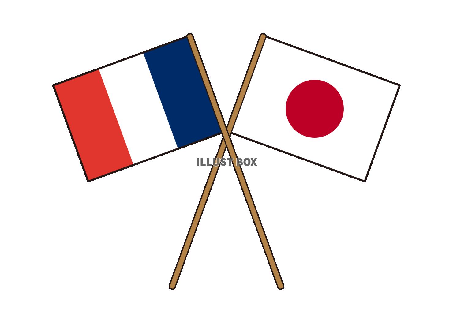 8_国旗_フランス日本・棒・交差・ふち有り