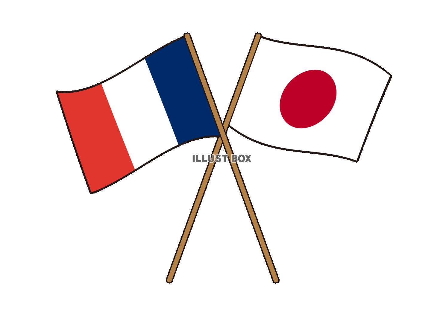 10_国旗_フランス日本・棒・交差・はためく・ふち有り