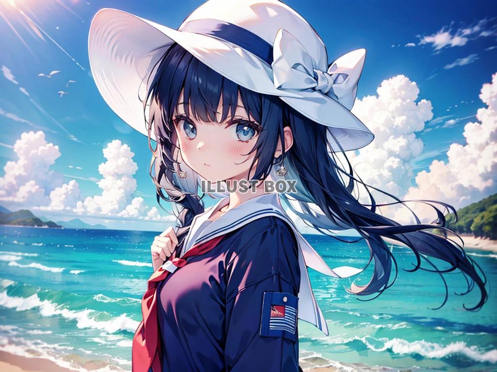 女子高生　イラスト　 夏休みに海水浴