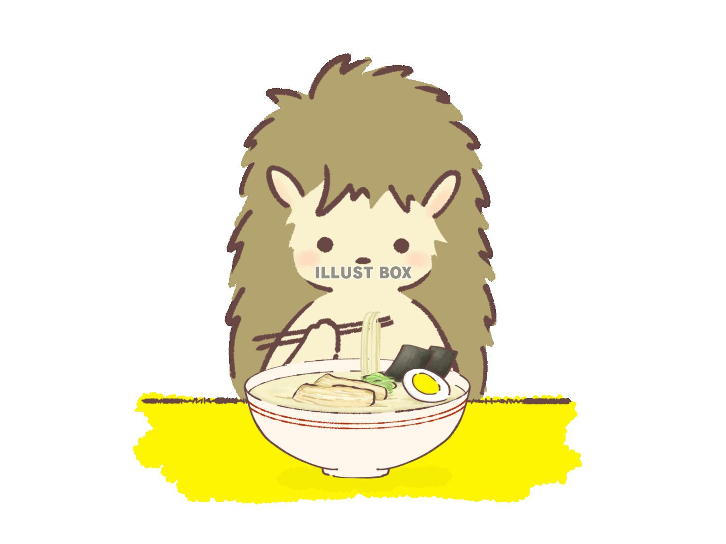 とんこつラーメンを食べるハリネズミのイラスト