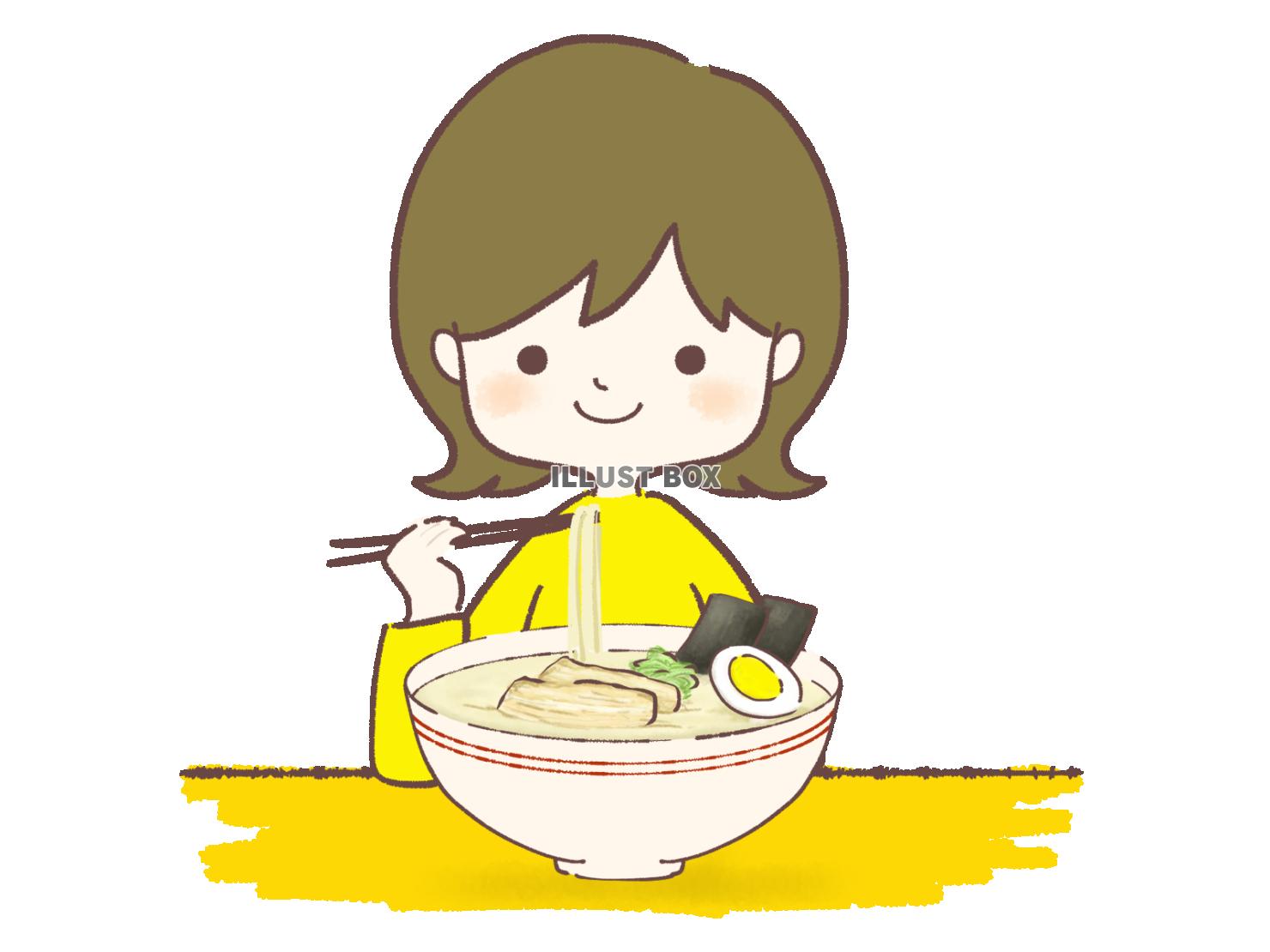 とんこつラーメンを食べる女性のイラスト