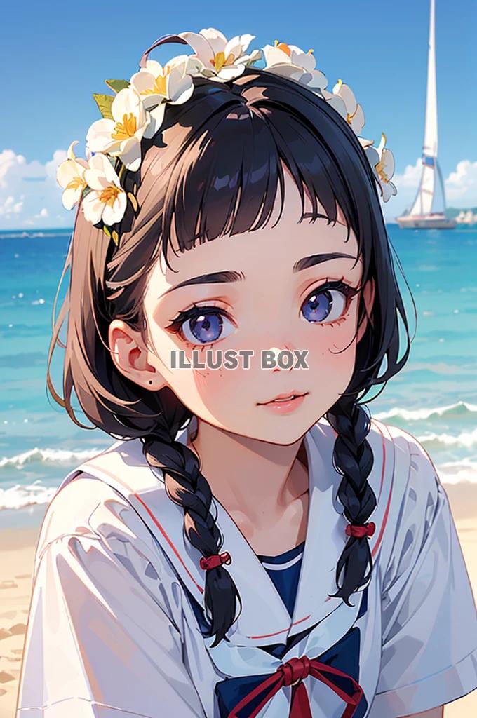 女子高生　イラスト　 夏休みに海水浴