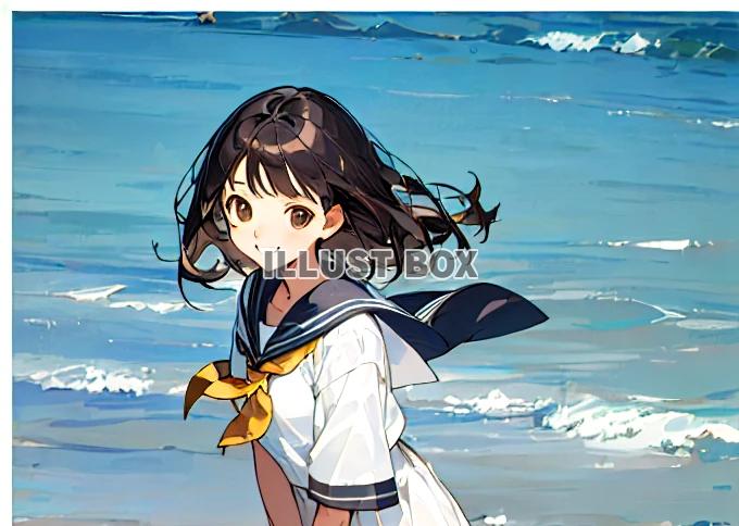 女子高生　イラスト　 夏休みに海水浴