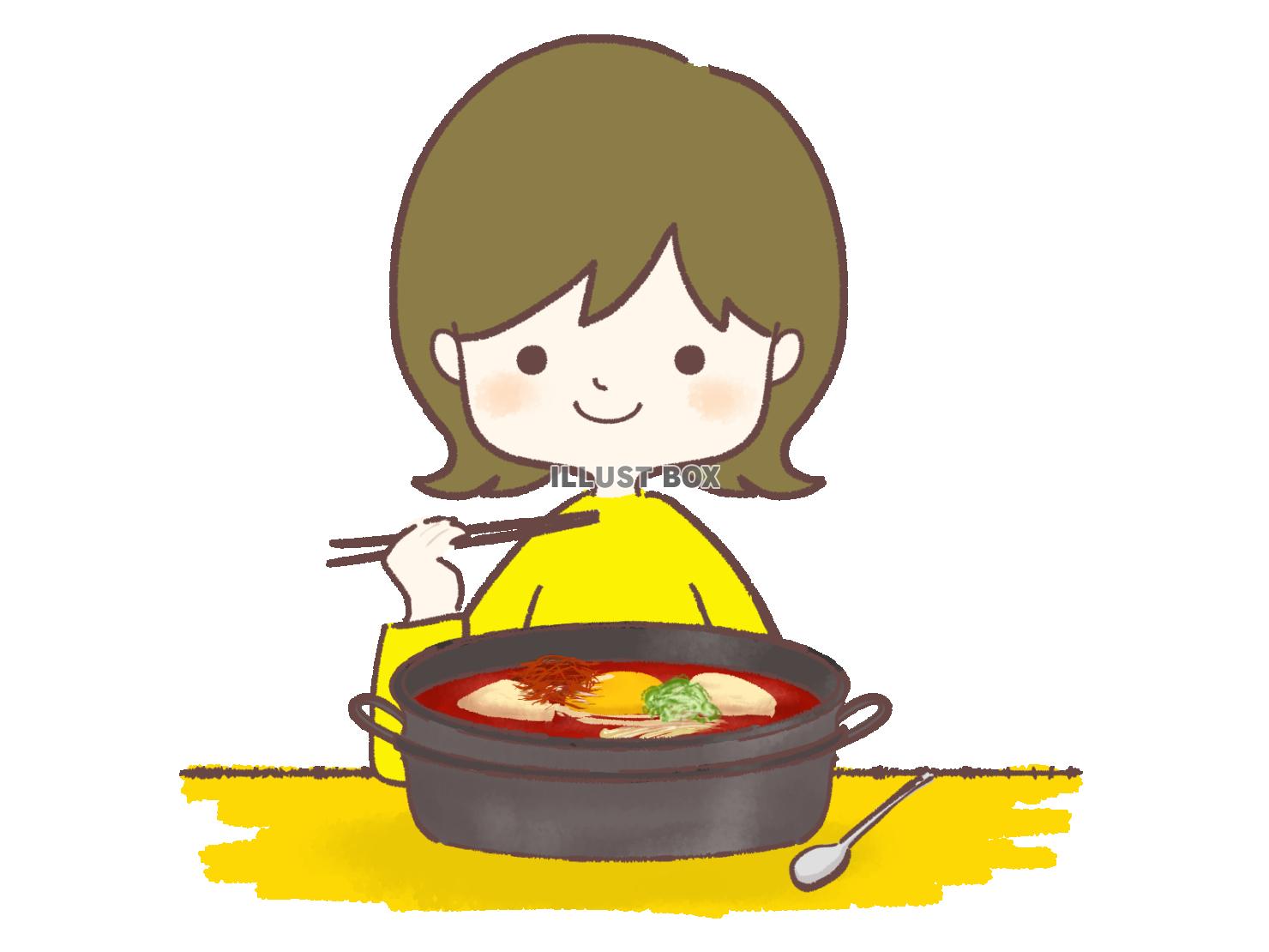 スンドゥブを食べる女性のイラスト