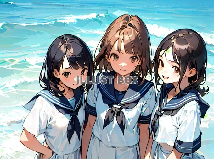 女子高生　イラスト　 夏休みに海水浴