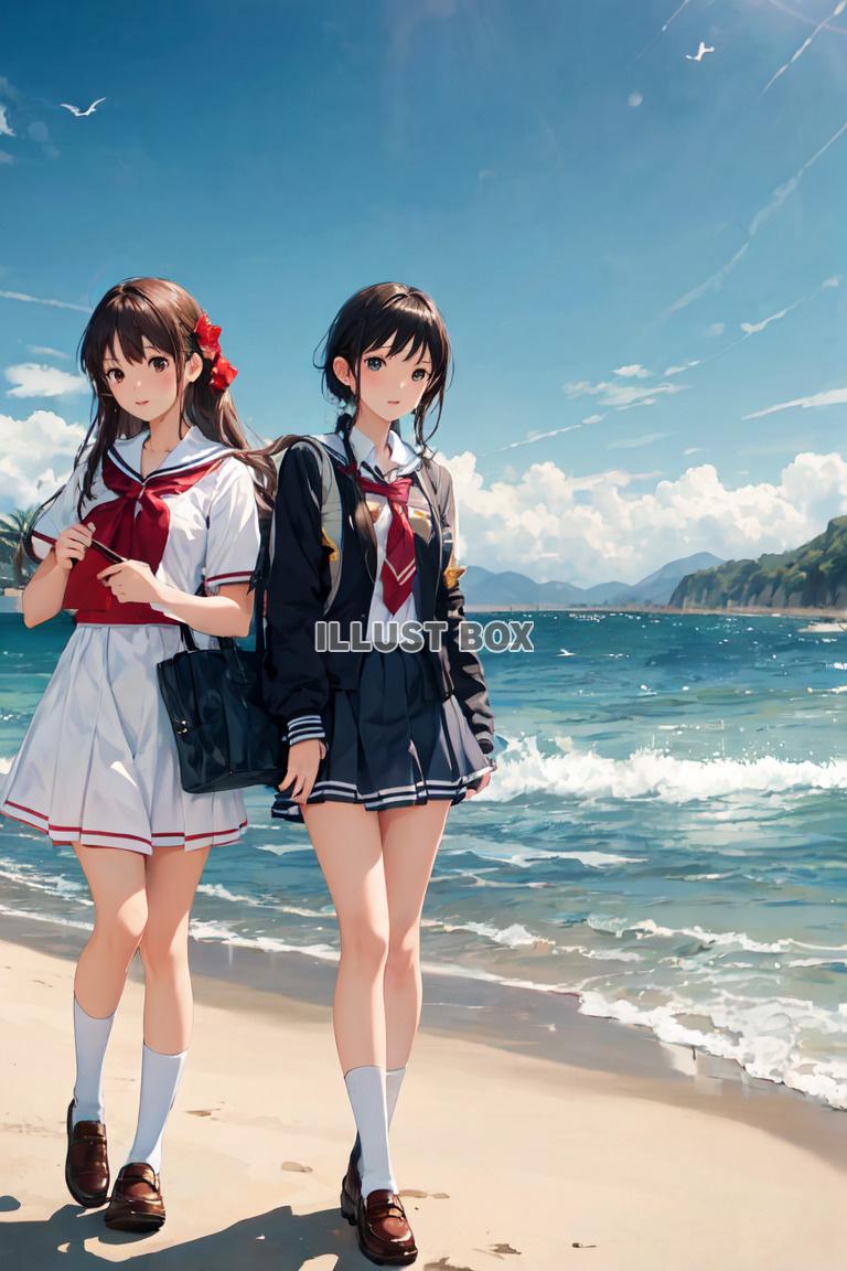 女子高生　イラスト　 夏休みに海水浴