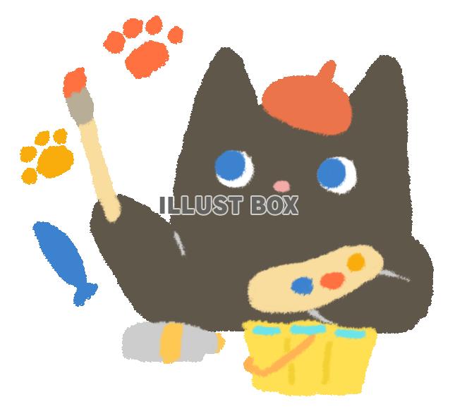 パレットと筆を持って絵を描く黒猫