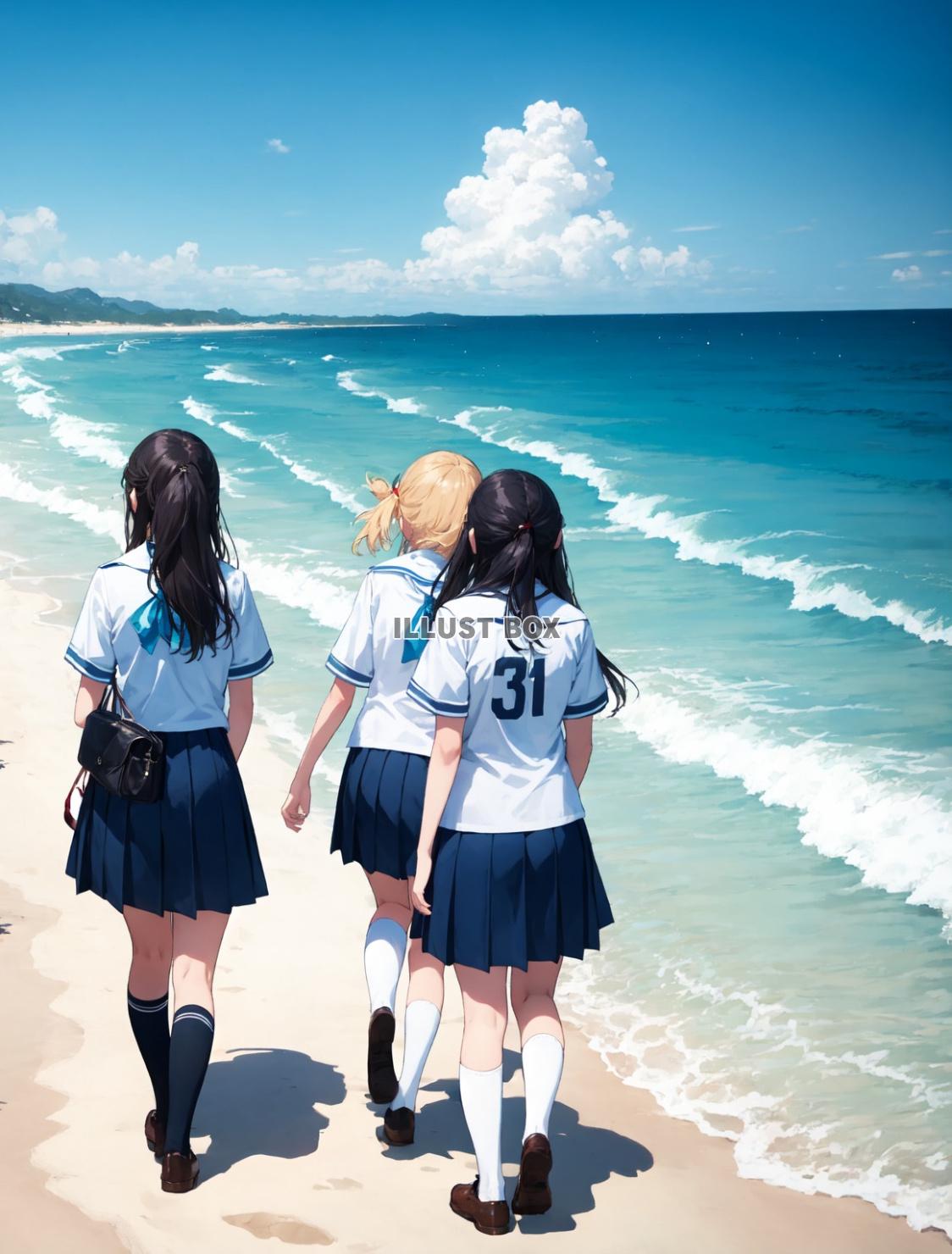 女子高生　イラスト　 夏休みに海水浴