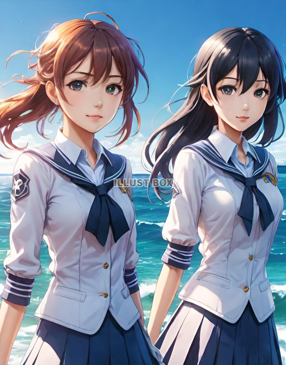 女子高生　イラスト　 夏休みに海水浴