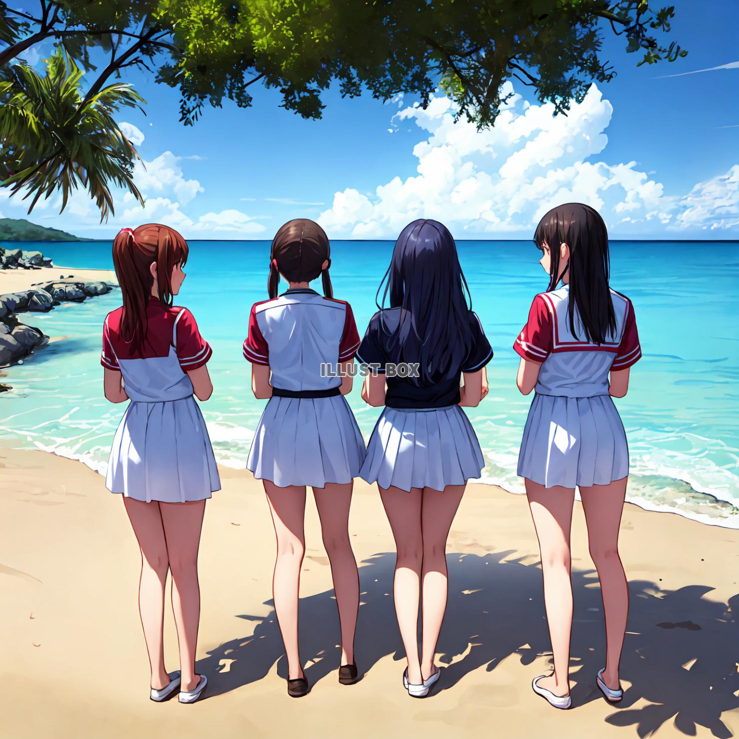 女子高生　イラスト　 夏休みに海水浴