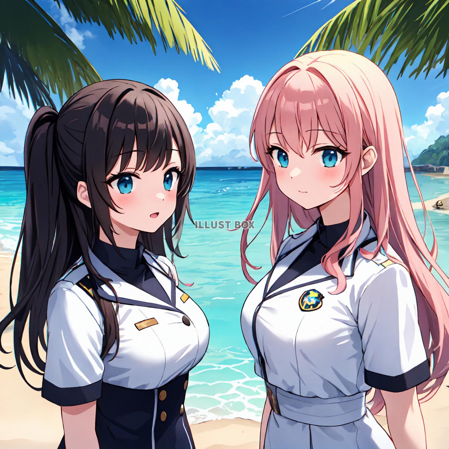 女子高生　イラスト　 夏休みに海水浴