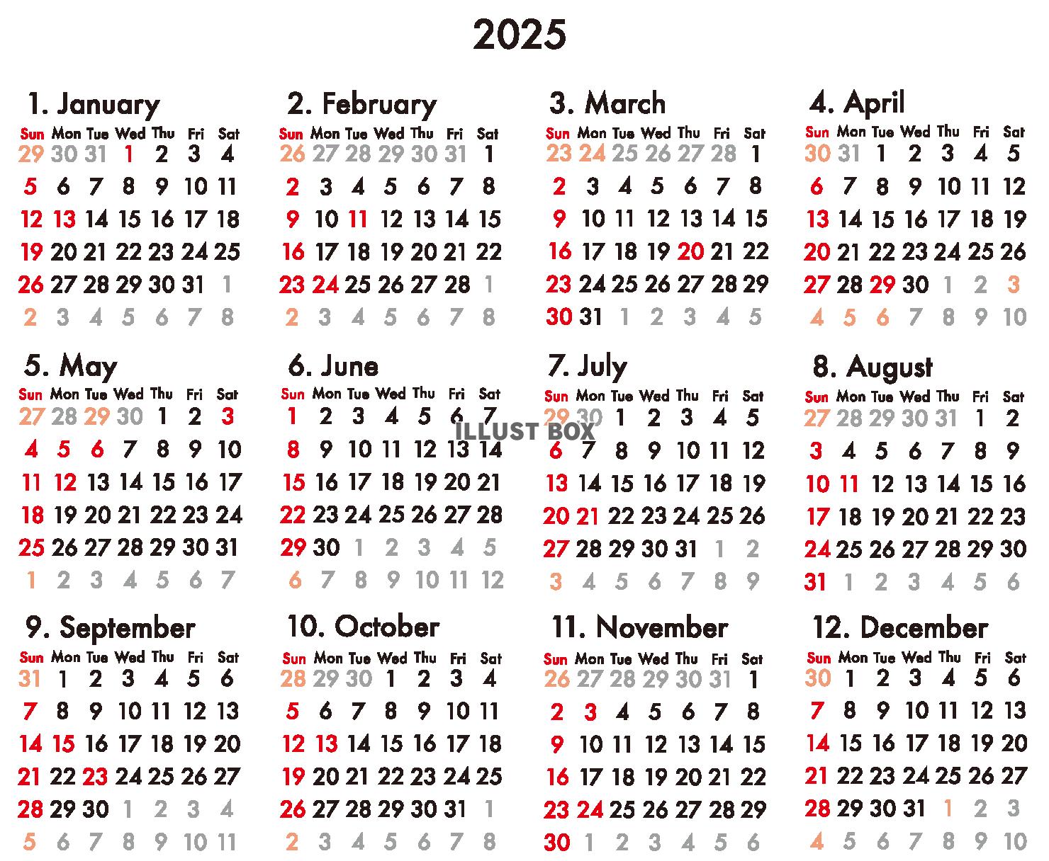 2025カレンダー　スタイリッシュ（透過PNG）EPSはCS...