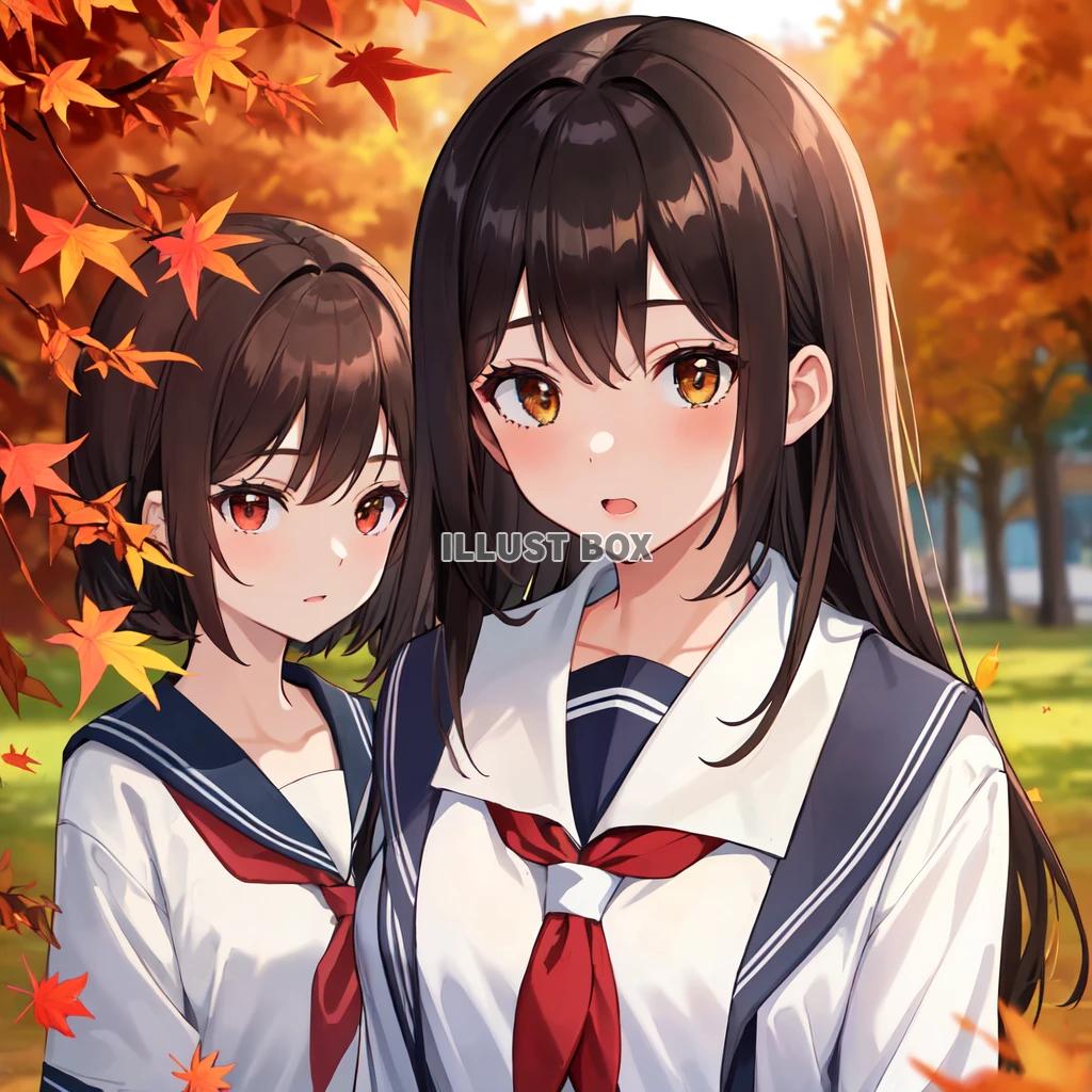 女子高生　イラスト　紅葉を見に行く