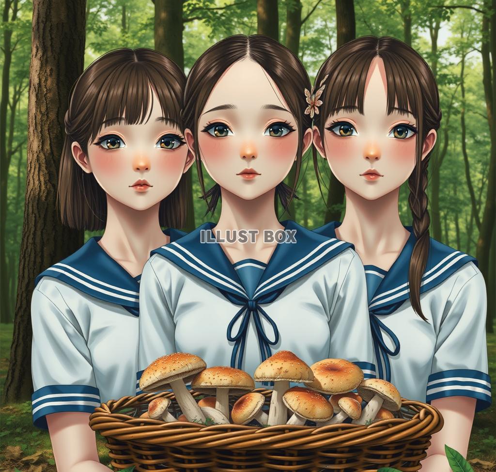 女子高生　イラスト　キノコ狩り