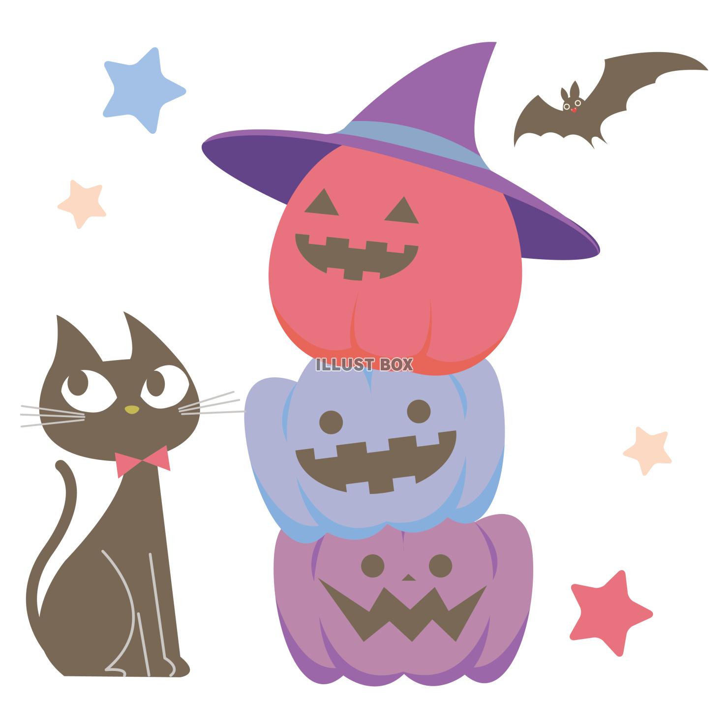 ハロウィンイラスト　黒猫とカラフルな３段重ねのジャックオラン...