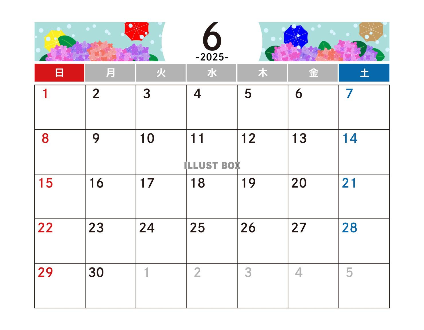 6月 カレンダー　2025年　令和7年　A4横