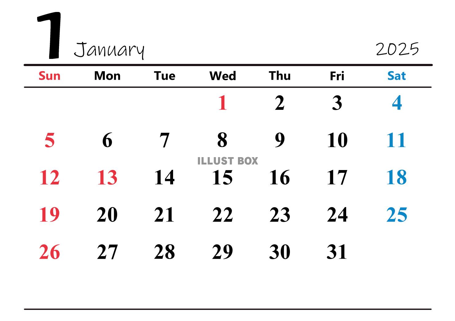 2025年（令和7年）1月　横型カレンダー