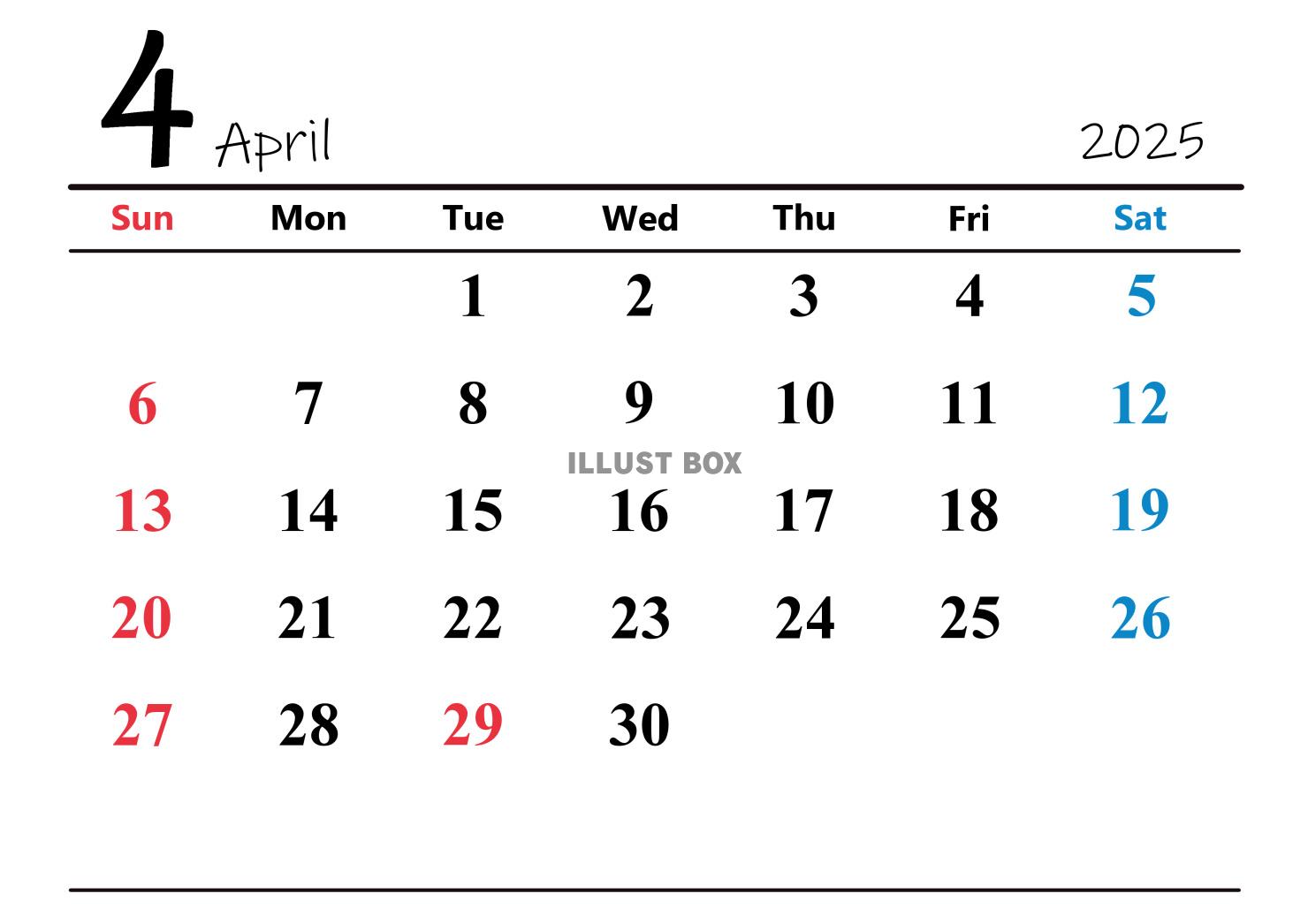 2025年（令和7年）4月　横型カレンダー