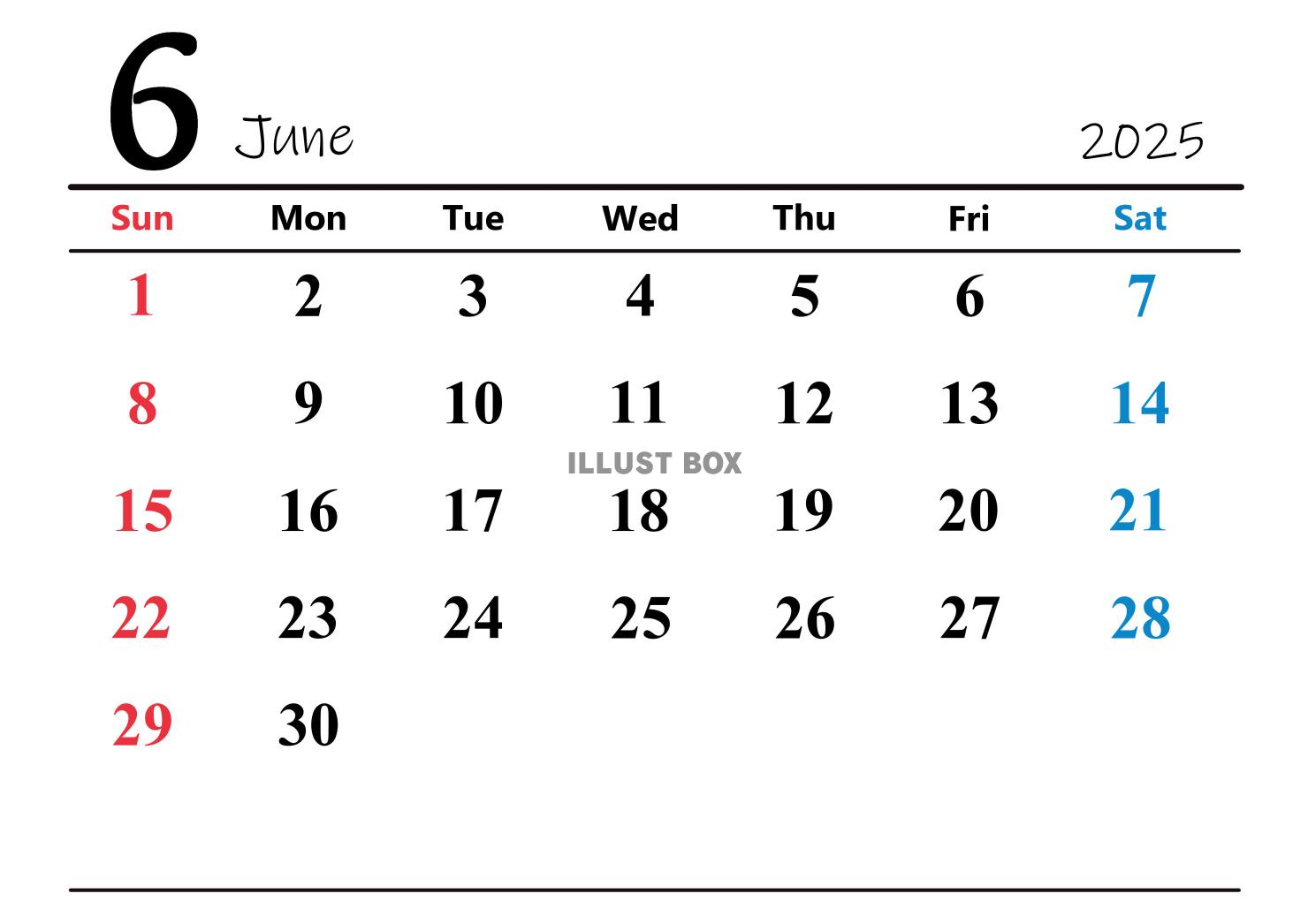 2025年（令和7年）6月　横型カレンダー