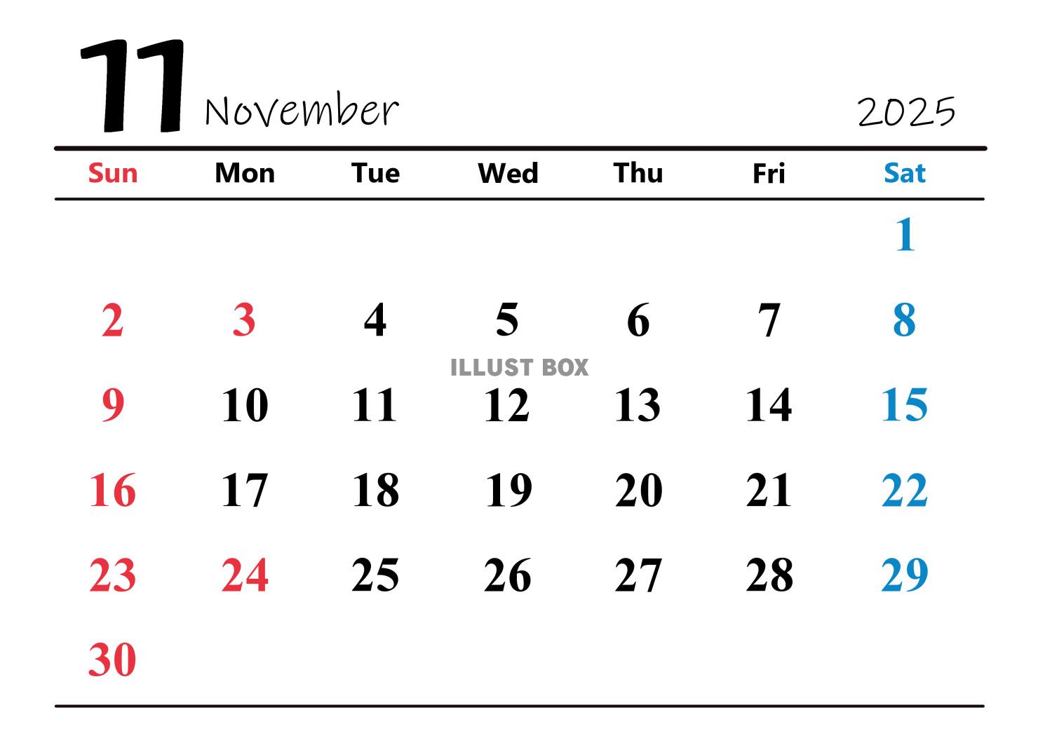 2025年（令和7年）11月　横型カレンダー