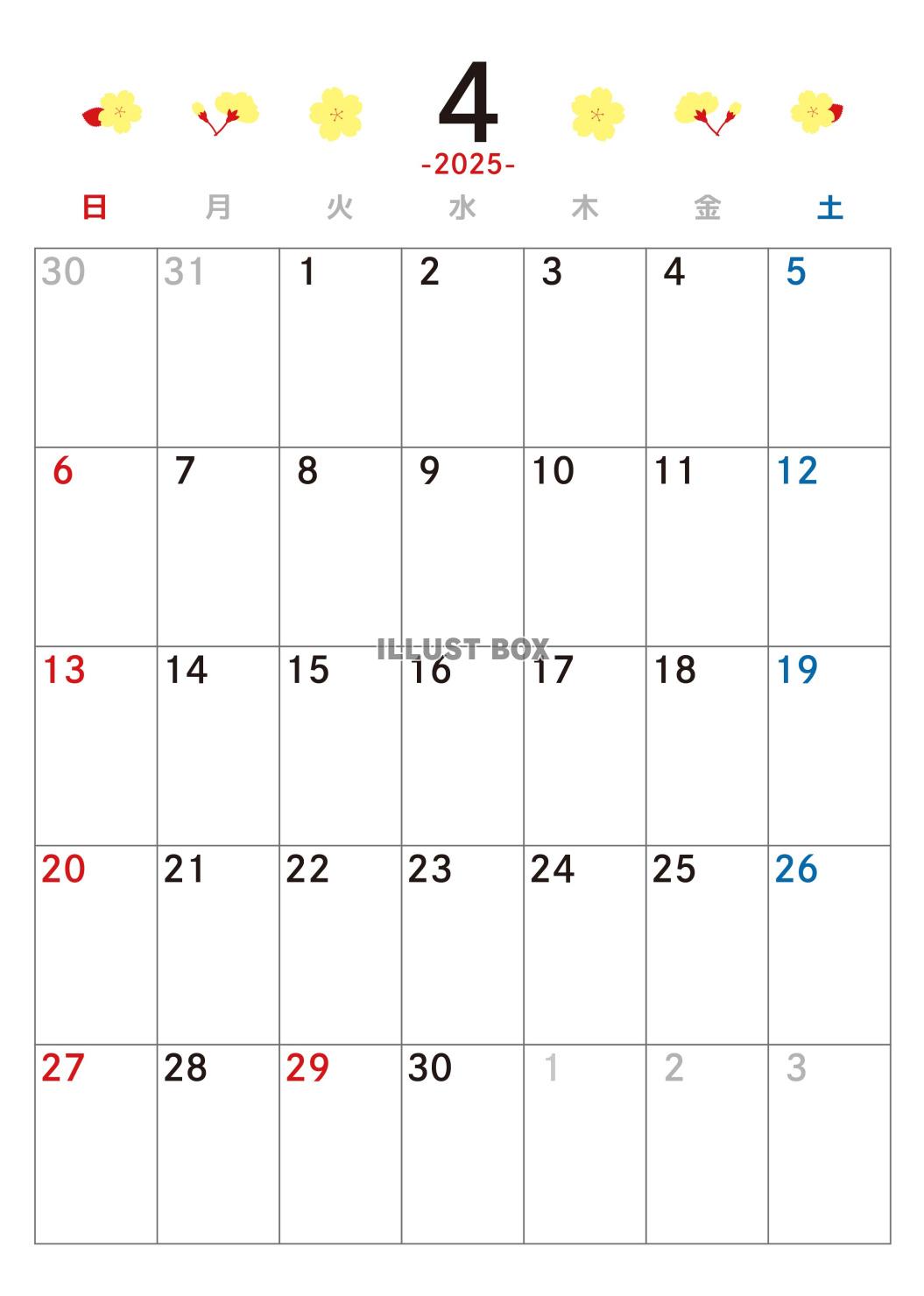 2025年4月 カレンダー 黄色と赤 令和7年　A4縦